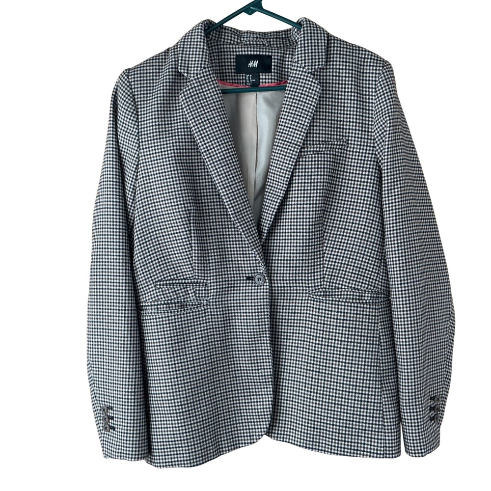 H&M Womens 1-button close Blazer‎ Jacket Black White Brown Single Button Size 12